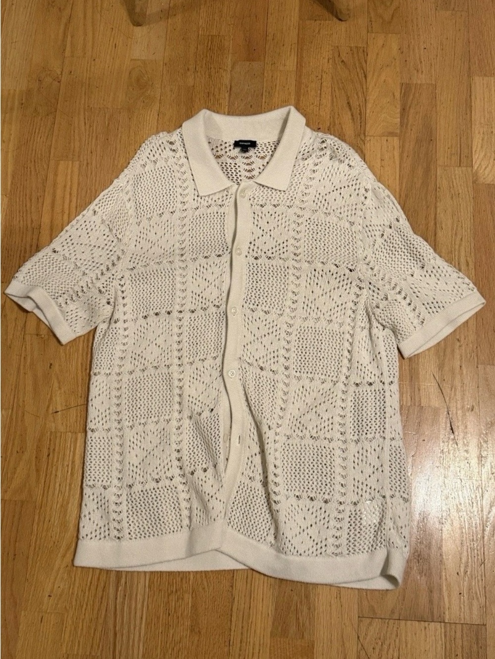 Express Beige Open-Knit Collared Button Front Cardigan Sweater Short Sleeve L